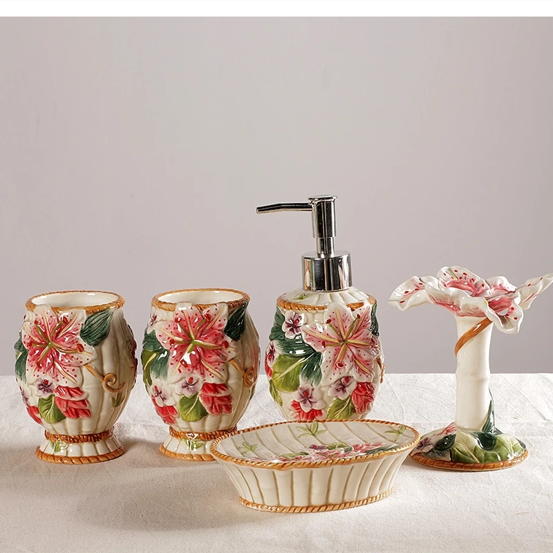 European ceramic sanitary ware 5 pieces Lily lotion bottle bathroom set toothbrush holder decoration accessories