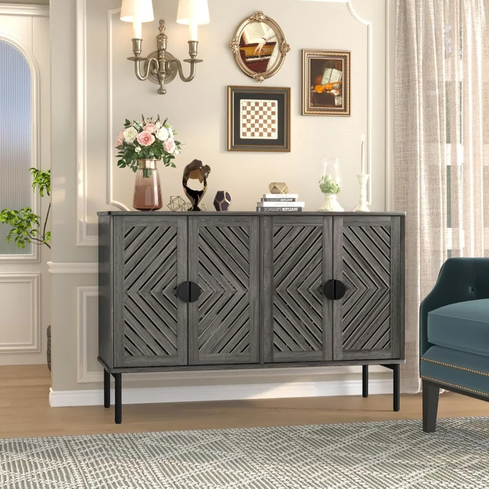 

ARTPOWER 47.2'' Sideboard Storage Cabinet with 4 Hollow Doors, Modern Accent Buffet Cabinet with Adjustable Shelves & Metal Hand