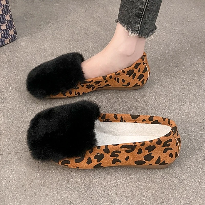 

Women Flats Shoes Leopard Suede Loafers Fur 2025 Winter New Fashion Woman Sneakers Sport Shoes Casual Walking Shallow Zapatos