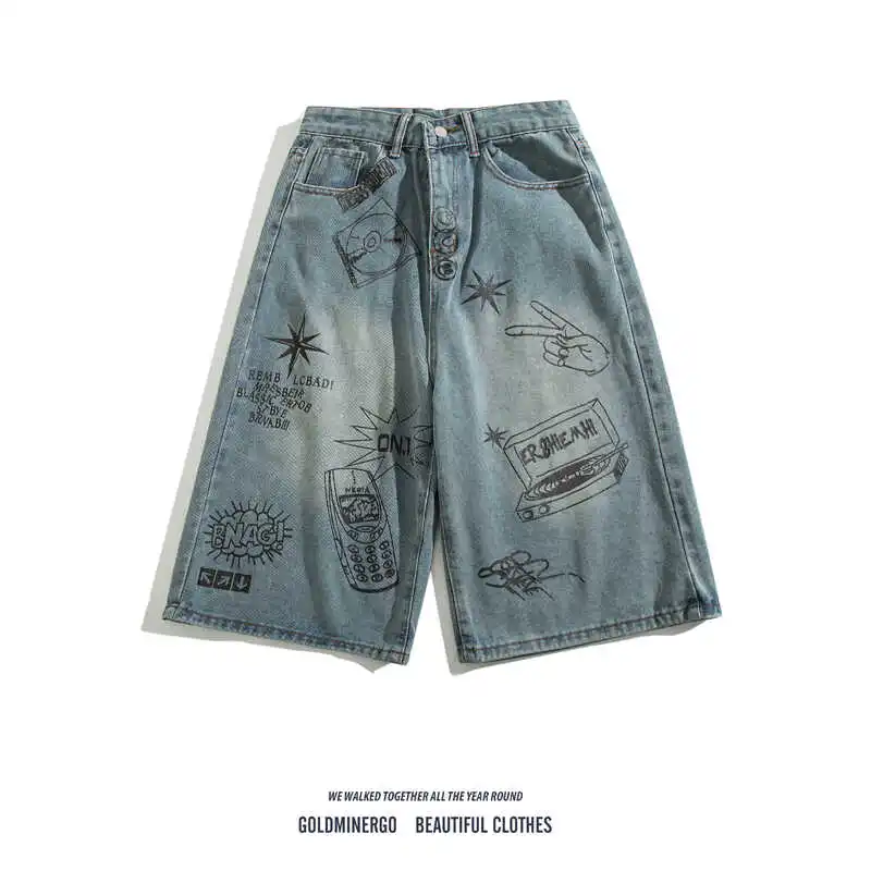 

Мужские летние джинсы в стиле хип-хоп, свободного кроя, прямые, широкие штанины, с принтом, повседневная одежда