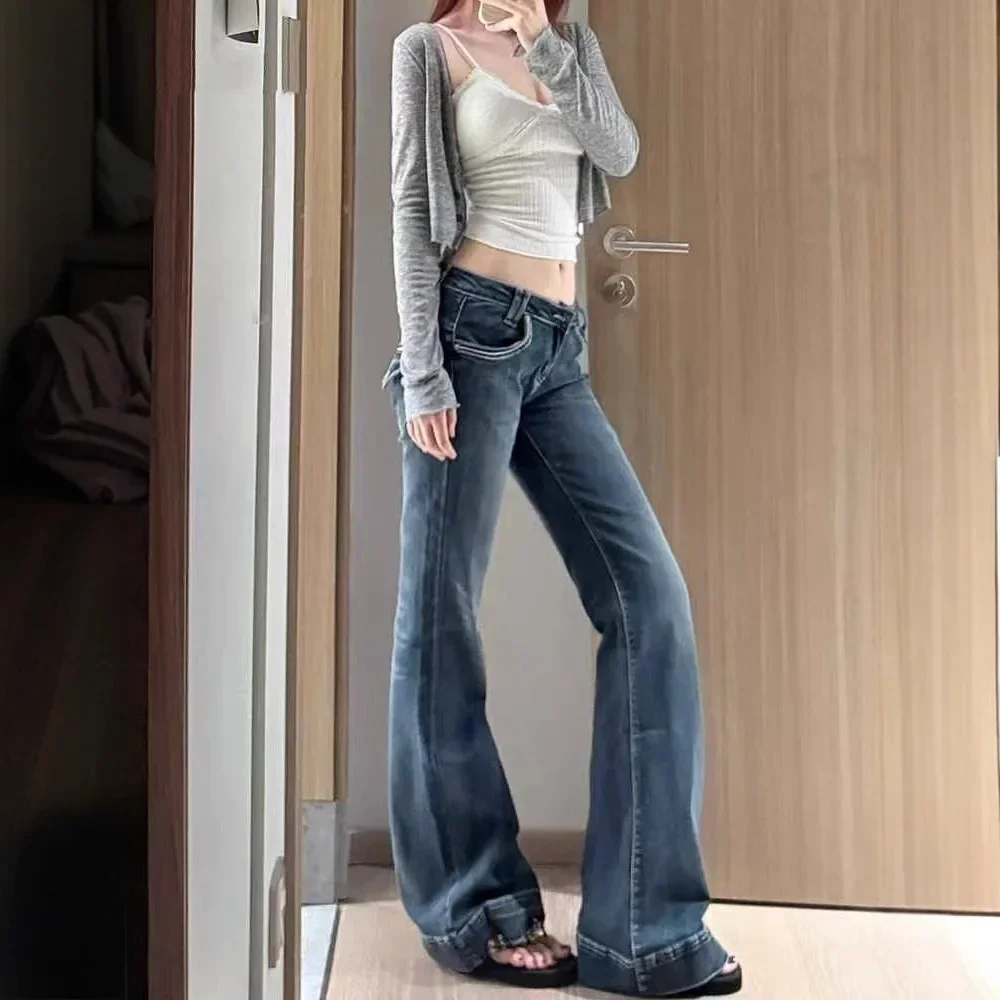 الرجعية الأزرق جرس أسفل الجينز المرأة حار منخفضة الخصر الكاحل طول السراويل التخسيس تأثير الخريف موضة الاتجاه #3