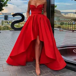 High-low Plus Size Satin Prom Party Evening Dresses Vestido De Festa Sweetheart Neck Lace -Up Simple  Gown Short Front Dress