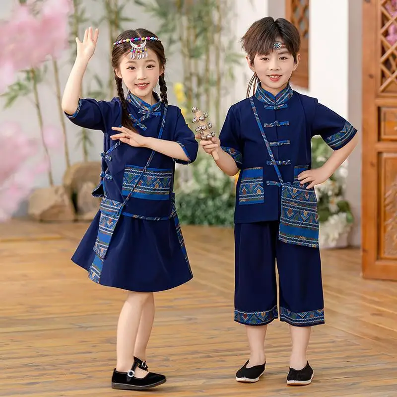 

Детский этнический костюм для выступлений: традиционный народный костюм Ханьфу из хлопка для мальчиков и девочек (летний)