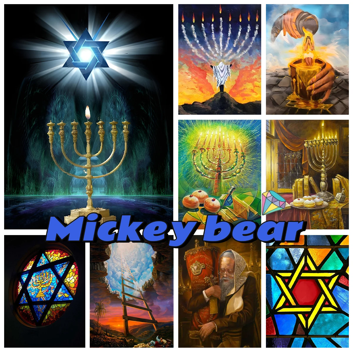 

Judaism Culture Diamond Painting Kit Star of David and Menorah Murals DIY Diamond Embroidery Cross Stitch Hand Gift Home Decor