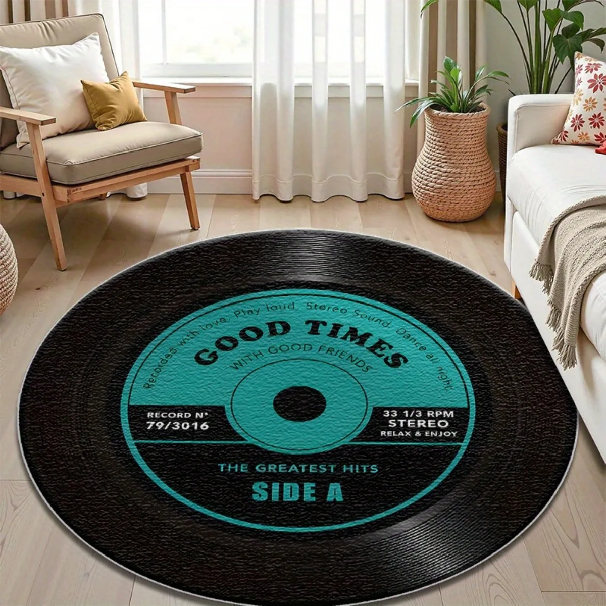 Stylish Round Vinyl Record Mat Home Decor Accent Rug Vinyl Music Theme Boho Living Room Carpet Floor Mat Decorative Gift