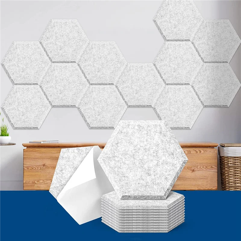 12 Pack Self Adhesive Acoustic Panels, 14 x 12 x 0.4inch Soundproof Panels, Hexagon Sound Absorbing Panels Silver Gray