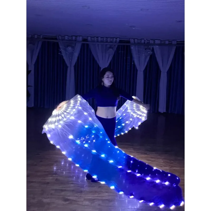 Fan white and blue gradual change silk fabric dance props cord string charging stage performance