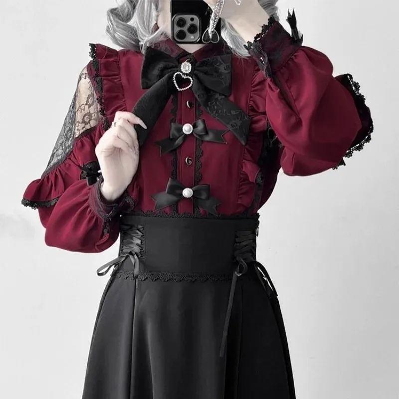 Jirai Kei JK Skirt Uniform Cosplay Maid Burgundy Lace Blouse Dress Sweetheart Encounters Lolita for Girls Women Theme Party