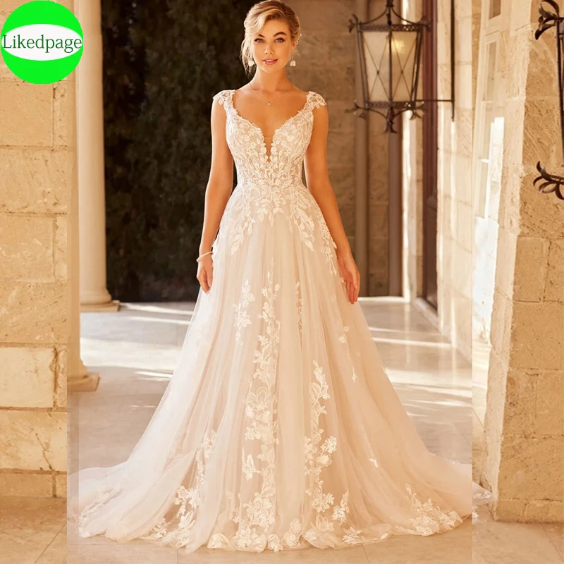 

Elegant Appliques Wedding Dresses2023 Sexy V-Neck Bride Cap Sleeves Vestido De Novia Bohemio A-Line Suknia Ślubna Robe Mariée