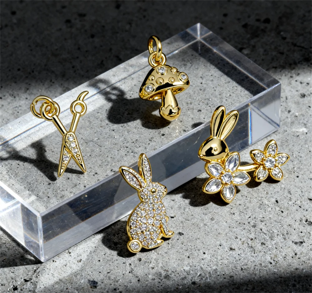 

3Pcs Pendants Brass zircon Charms DIY Jewelry Necklace Bracelet Making Scissors Mushroom Rabbit Flower accessoriea for Women Men