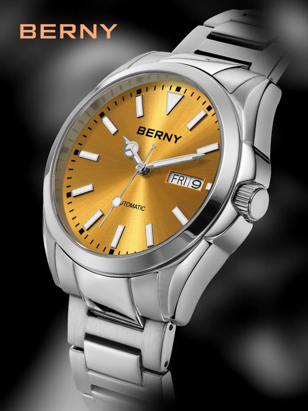 BERNY Automatikuhren für Herren, superleuchtend, Datum und Woche, mechanische Herrenuhr, komplett aus Edelstahl, Armbanduhr NH36, Saphir – Detail 2