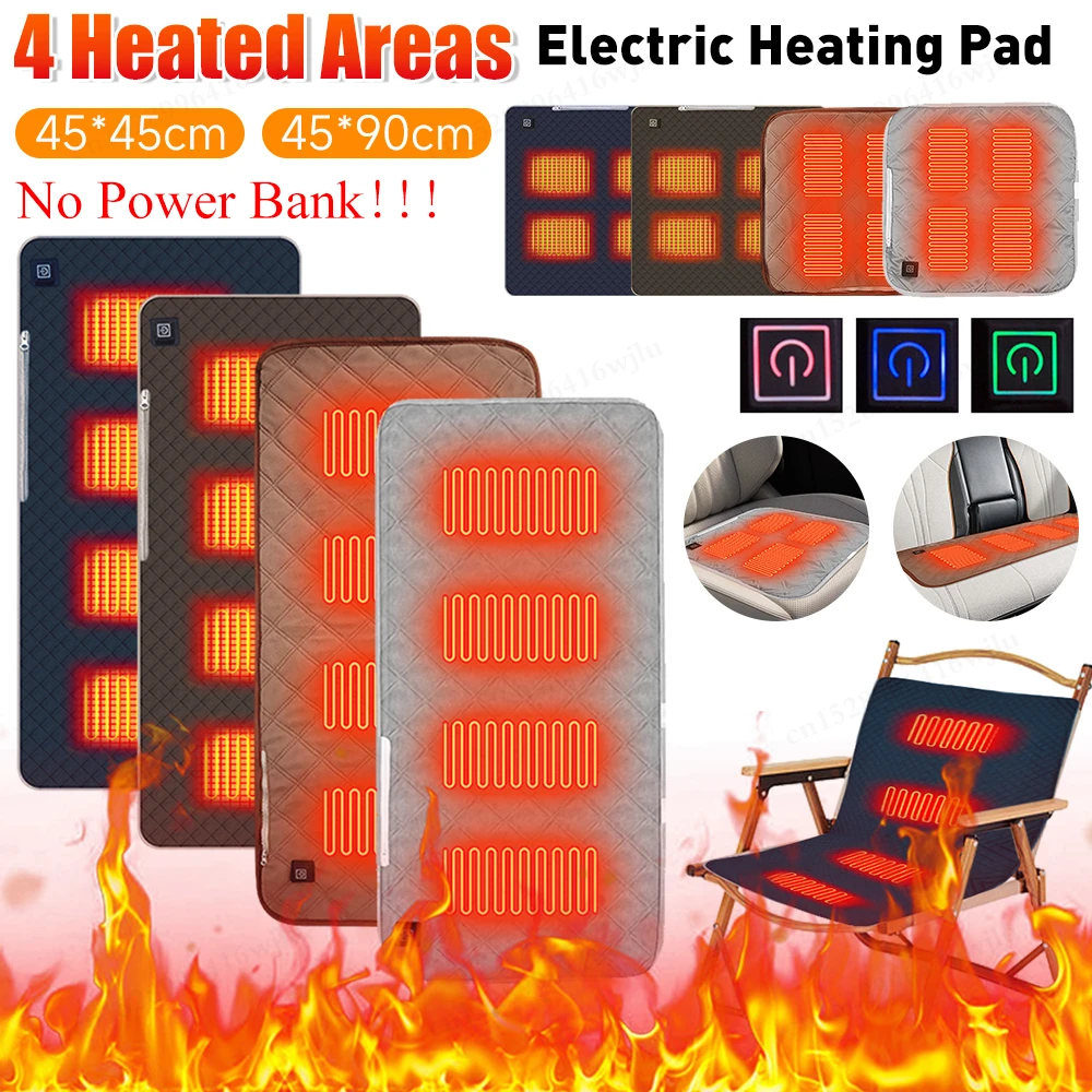 4 Heated Areas Camping Chair Heated Cushion Portable Heating Mat Cushion 3 Adjustable Temperature Type C/USB Charging for Winter