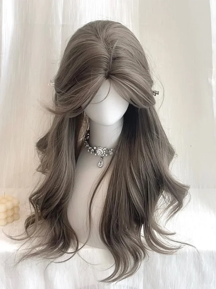 

Mint Brown Long Curl Wig Women's Lazy Korean Sle Full Head Covering Fake Hair Medium Parting Bangs Sweet Sle Face a
