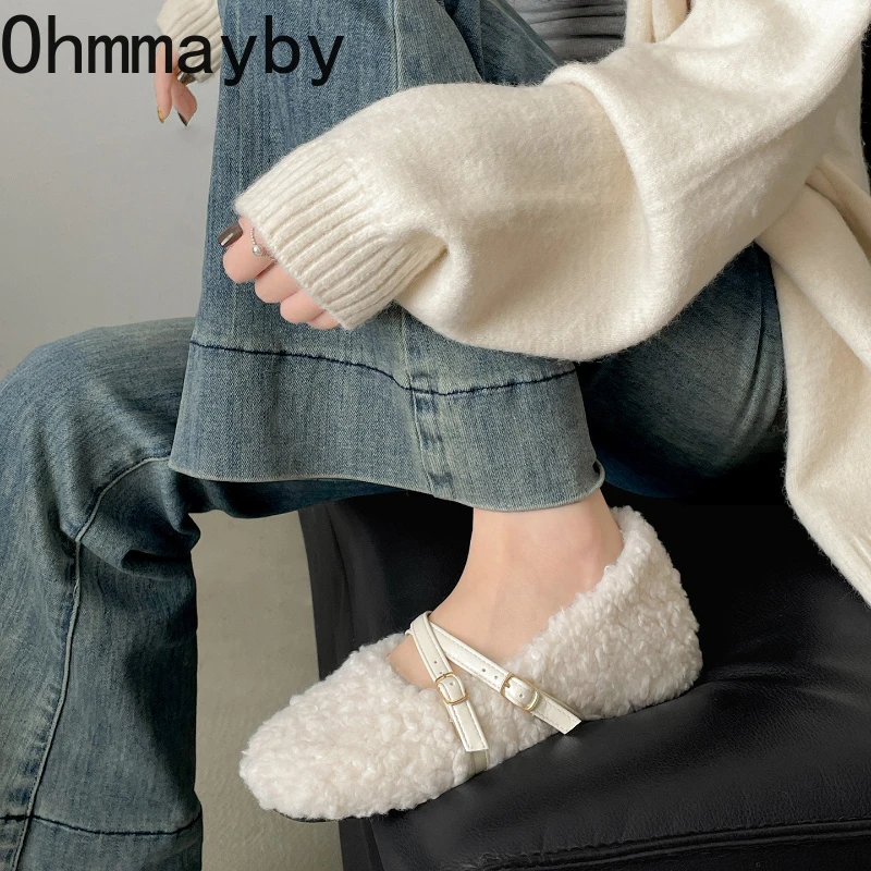 Fashion Vintage Warm Cotton Women Fur Flats Shoes Comfort Soft Sole Short Plush Mary Jane Shoes Outdoor Autumn Winter Shoes