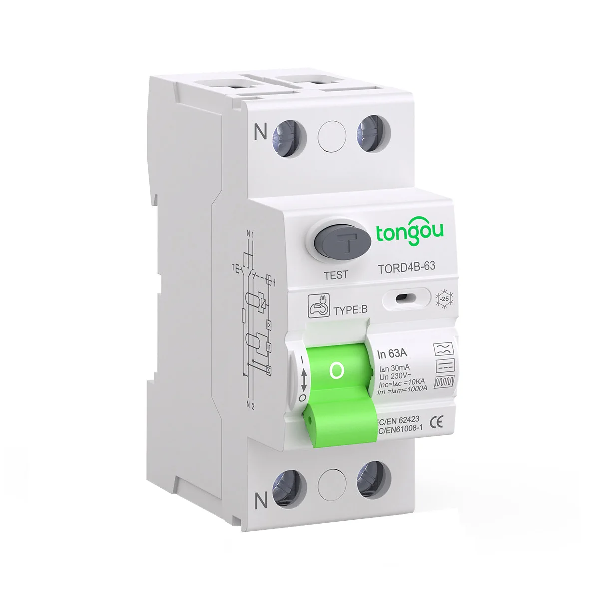 Circuit Breaker TONGOU RCD RCCB ELCB Type B EVES 30/100/300mA 2P AC 63A 10kA Din Rail 35mm Residual Current