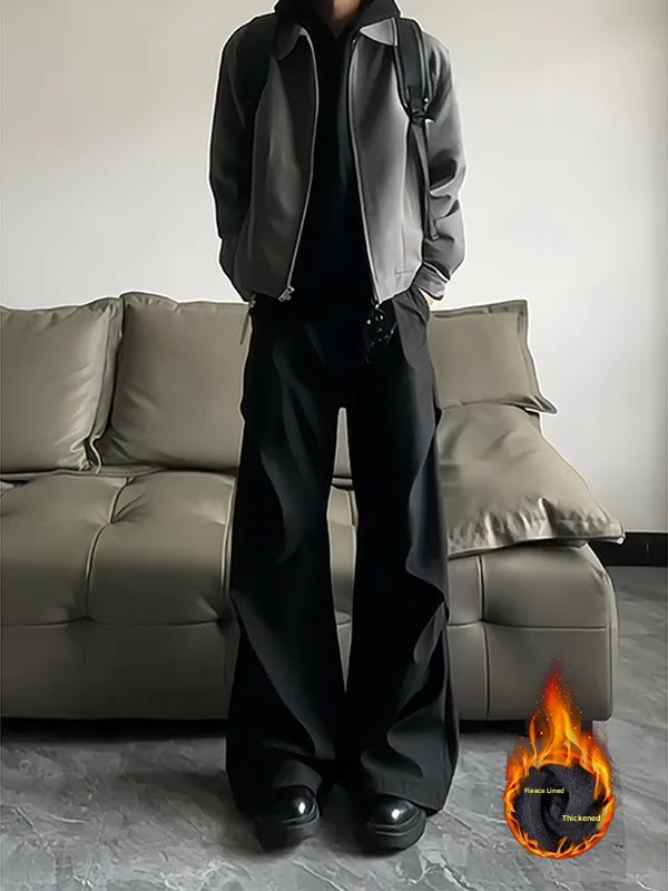 

Cleanfit Men's Fleece Lined Dress Pants Drapey Loose Wide Leg Casual Thick Warm Winter Trousers Youth Fashion Polyester Blend