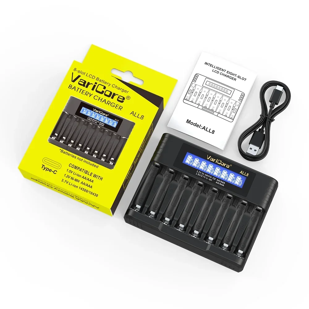 VariCore ALL8 8 スロット インテリジェント バッテリー充電器 1.2V Ni-MH Ni-Cd AA AAA 1.5V 3.7V リチウム用 14500 と互換性あり