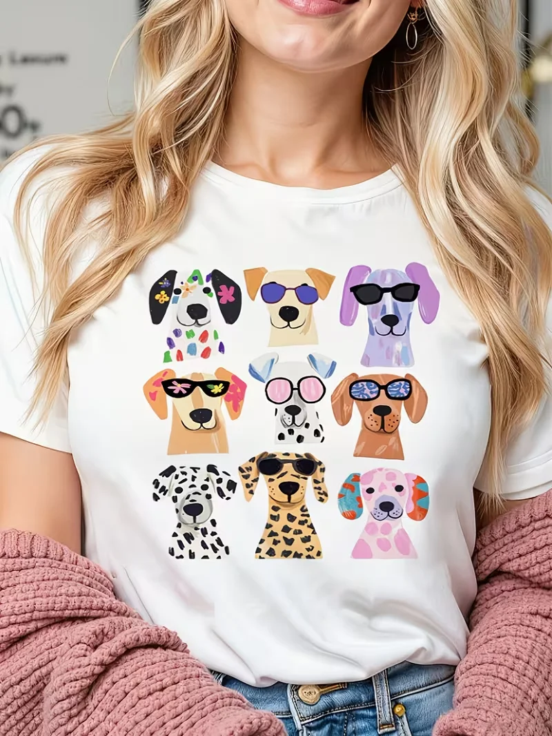 Cartoon Dogs With Sunglasses Print T-shirt Colorful Grid Dog Faces Graphic Short Sleeve Tops Spring Summer Outdoor Street Tee
