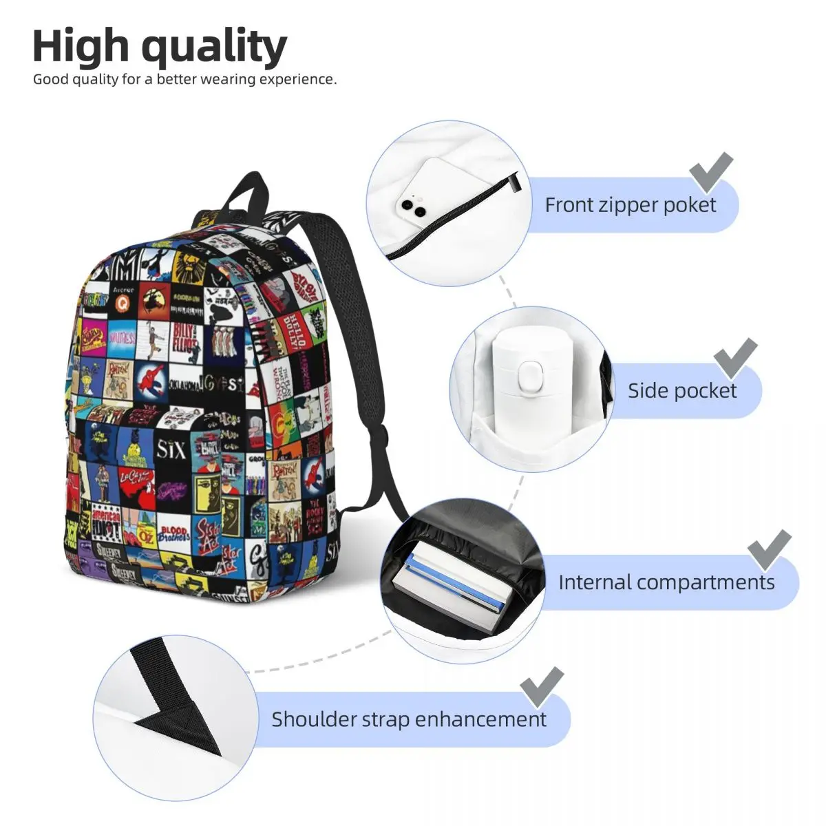 Broadway Musical Theatre Logos Hand Drawn Student Backpack School Bag Hiking Travel Daypack for Boys Girls Bookbag Shoulder Bags