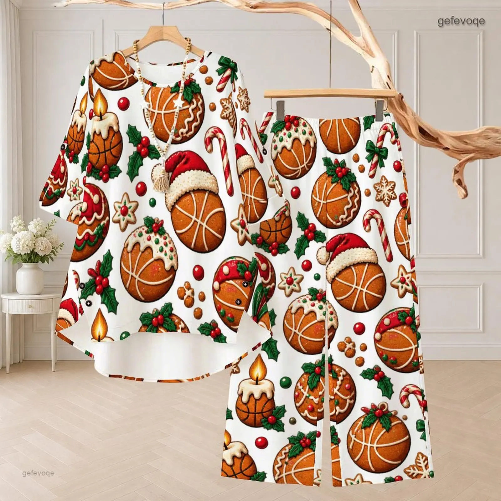 Women Christmas Basketball Gingerbread Print Round Neck 3/4 Sleeve Top and Long Pants Two Piece Set