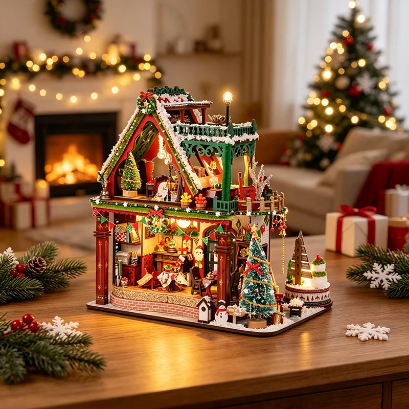 Christmas DIY Miniature House Hand-Assembled 3D Model Festive Holiday Decor Gift for Craft Enthusiasts