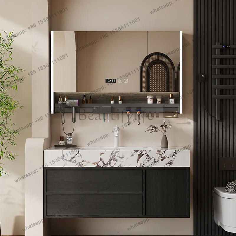 Black Bathroom Vanity with Pandora Sintered Stone Integrated Basin and Smart LED Mirror Cabinet for Home Bathroom furniture