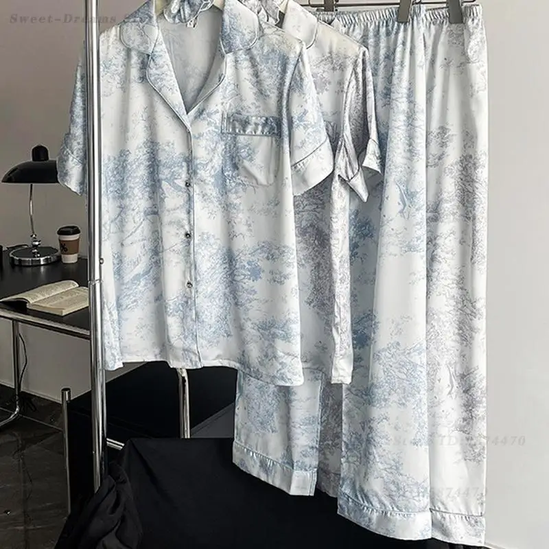 

Women's Sleepwear Rayon Pajamas Set Spring Summer Print Home Clothes Short Sleeves Top&Trouser Pijama Mujer Casual Nightwear
