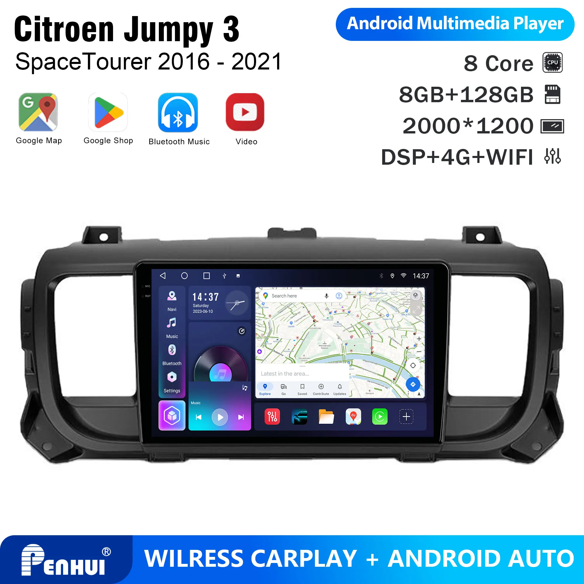 Penhui Android Car DVD Player 2 Din for Citroen Jumpy 3 SpaceTourer 2016 - 2021 Multimedia Screen with DSP, Bluetooth, CarPlay