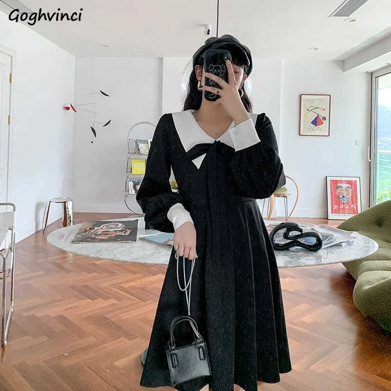 

Long Sleeve Dress Women Patchwork Leisure Lantern Sleeves Elegant 4XL Loose Bow Streetwear Vintage Korean Style Party