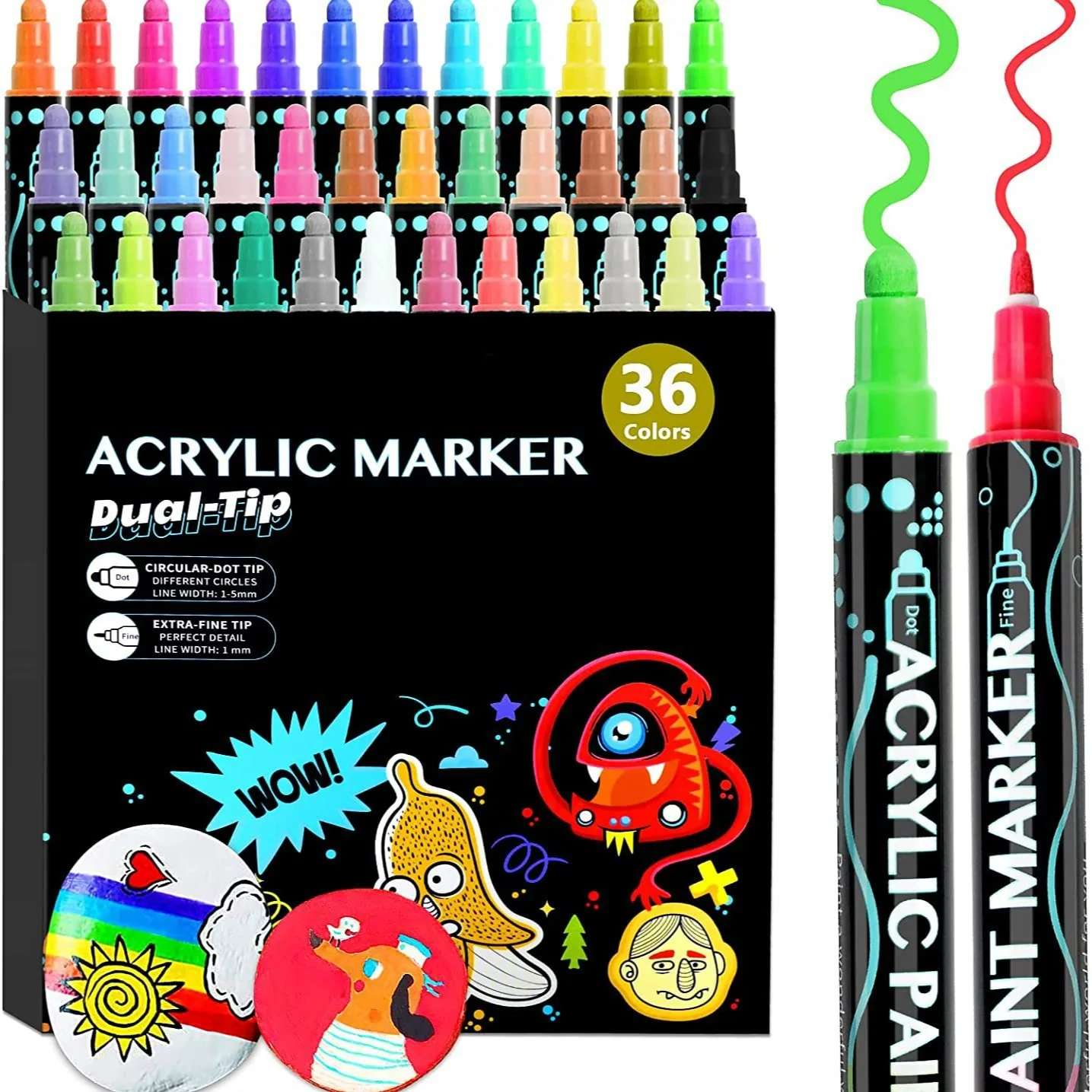 Marcadores de Pintura Acrílica de Doble Punta en 12/24/36/26/48/60 Colores para Madera, Lienzo, Piedra, Roca, Vidrio, Cerámica y Manualidades