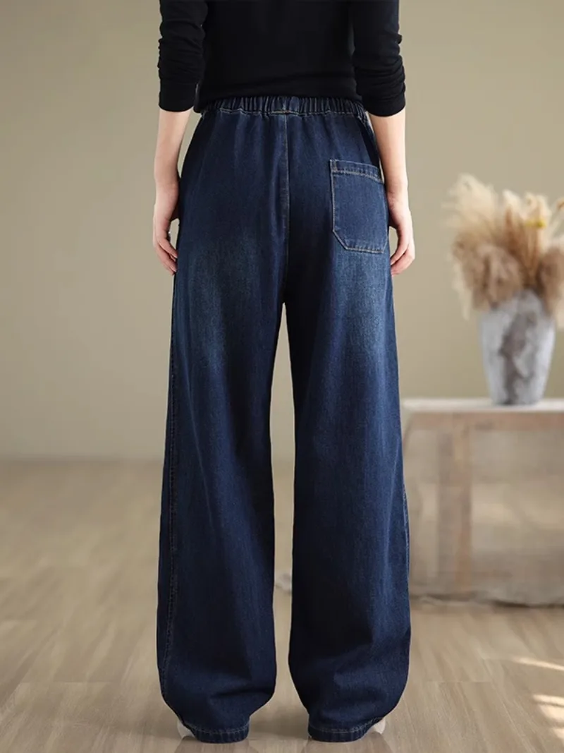 6294 Women Vintage Denim Pants Spring Fashion Elastic Waist Loose Casual Straight Trouser Female Good Quality Simple Basic Jeans