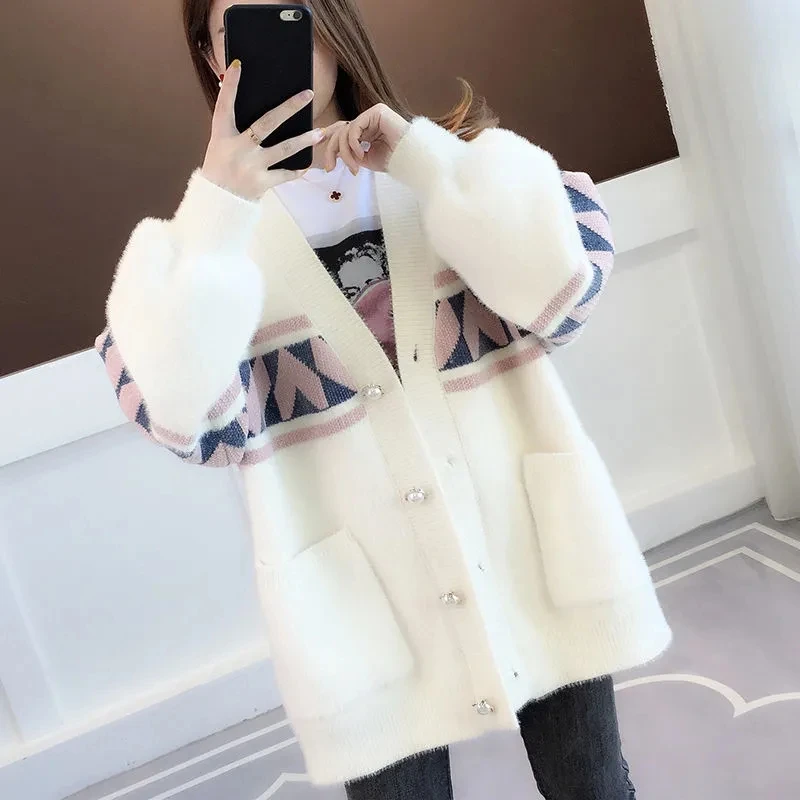 Chenille Imitation Mink Fleece Coat Women\'s Sweater Fat MM Knitted Cardigan Korean Version Loose And Lazy Top Button Jacket Pink