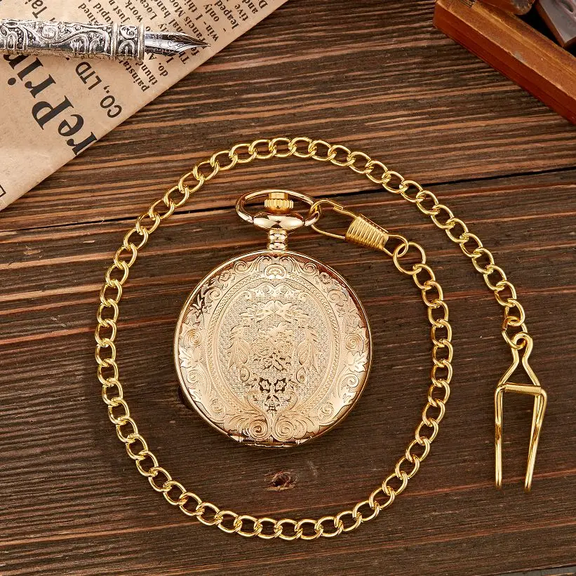 Antique Steampunk Vintage Arabic Numerals Quartz Pocket Watch Floral Pattern Case Necklace Pendant Clock Chain Men Women