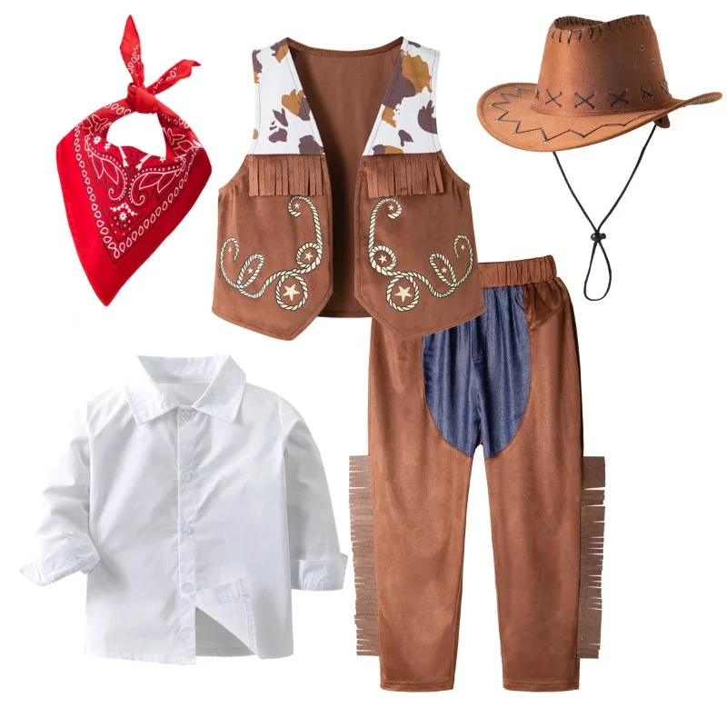 

Ковбойский костюм в стиле вестерн для маленьких мальчиков 4, комплект одежды с персонажами, жилет и брюки, детский костюм