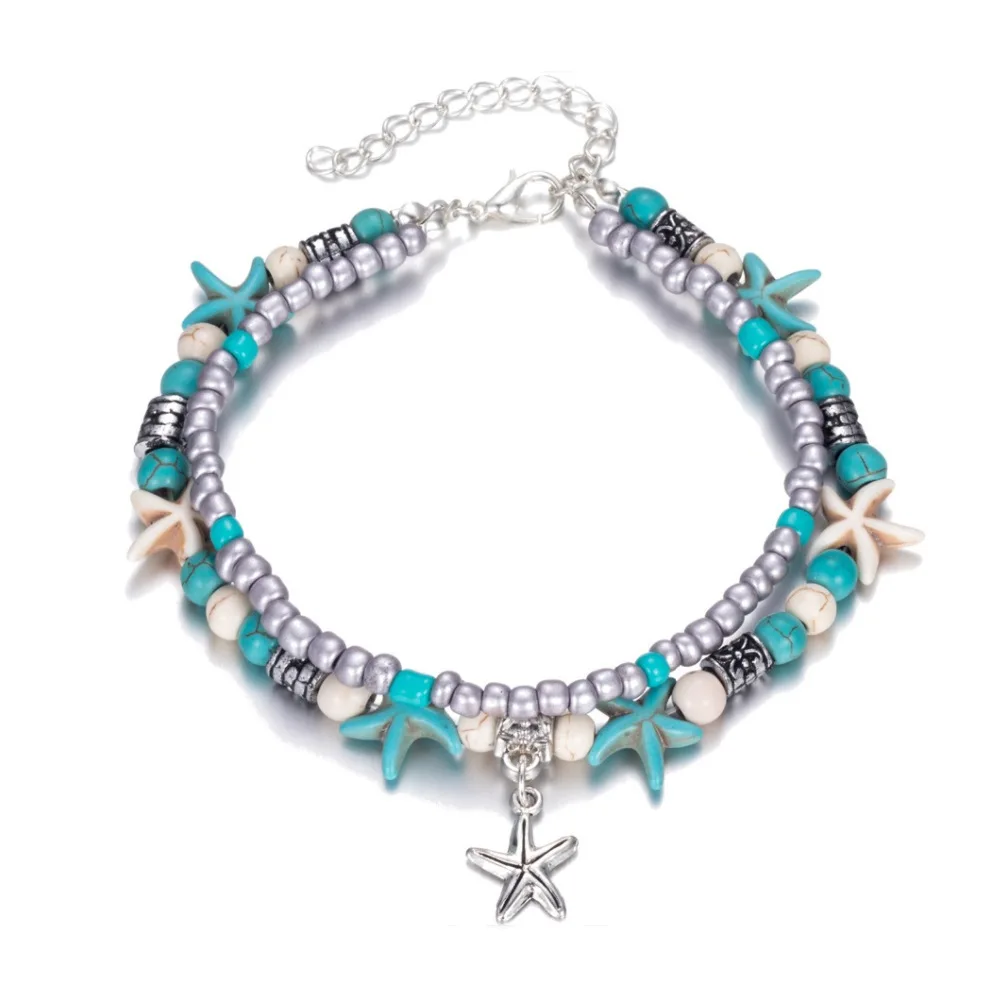 Vintage Turquoise Starfish Turtle Foot Ornaments Beach Layer Beaded Hollow Double Anklet for Women Valentine's Day Gift