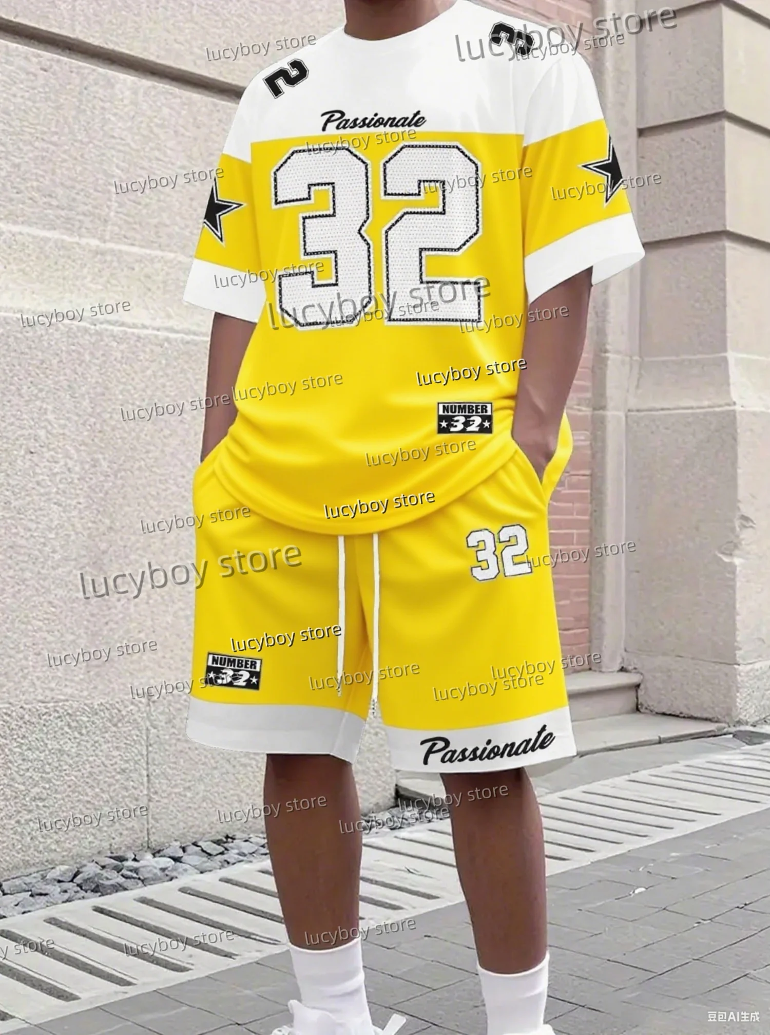 Adult Sport Jogging Plus Size Tracksuit 2 Piece Set Men' Color Block NO.32 PASSIONATE  Print Short Sleeve T-Shirt Shorts Set
