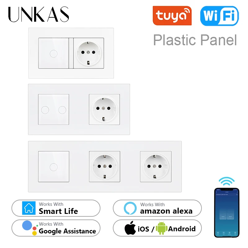 

UNKAS EU Socket Plastic Panel DIY Free Combination PC Tuya Wifi Single Fire Line 1 2 Gang White Glass Light Switch Outlet