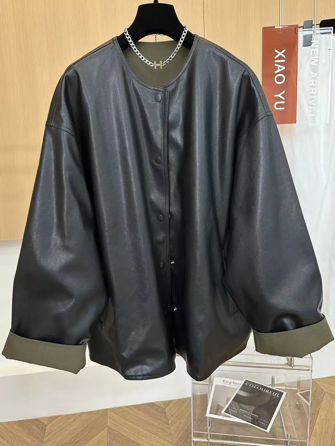 Round Neck Leather Jacket For Women, 2025 Spring And Autumn Fashion New Style, Loose And Casual, Double-Sided Wear
