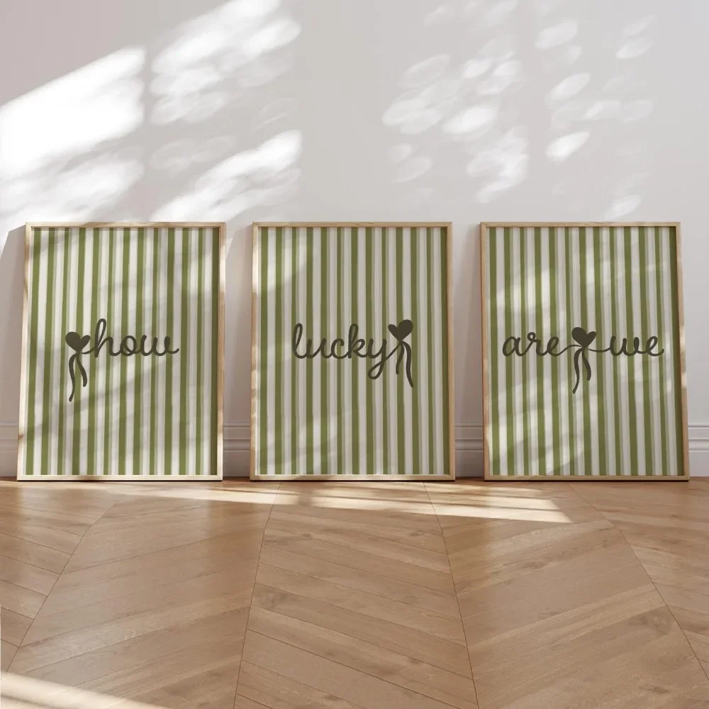 3PCS Large-sized frameless canvas paintings,3pcs Frameless, Sage Green Triptych Art How Lucky We Are Simple Poster Girl Print wi