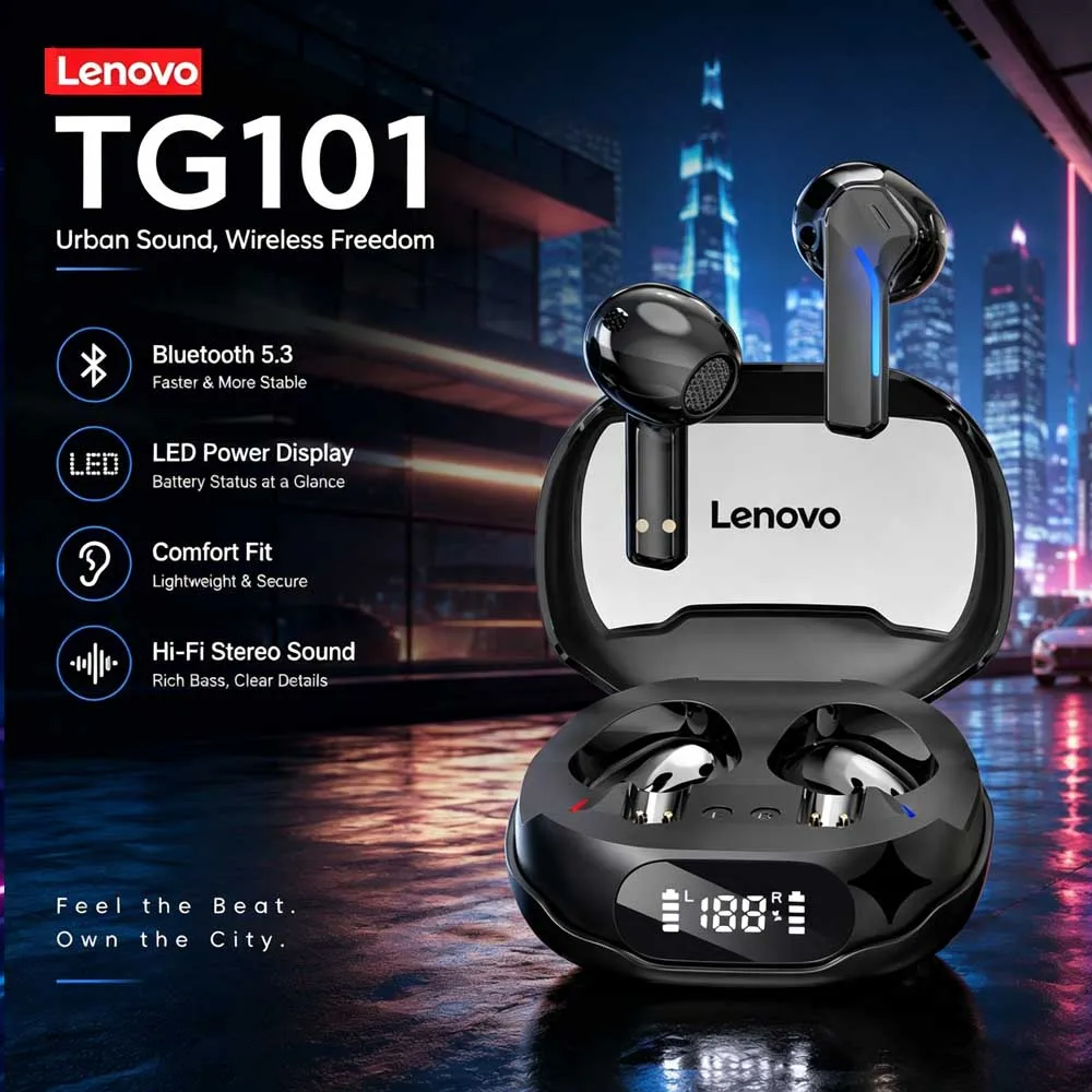Lenovo's Latest Model TG101 Wireless Bluetooth Earphones Lightweight Ergonomic Half Earbuds Noise Lsolation Sports Headset Gifts