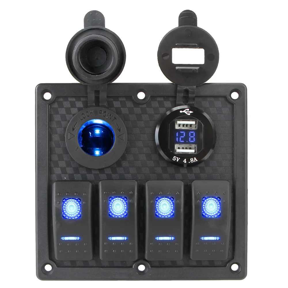 

5V 4.8A 4 Gang Switch Panel For Car Auto Marine Socket Charger Interior Parts Circuit Digital Voltmeter Dual USB Port