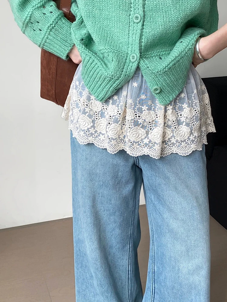 

Ele кружевная ажурная юбка женская дизайнерская отделка с цветочной вышивкой и перекрытием юбка-миди корейская юбка для поездок на работу