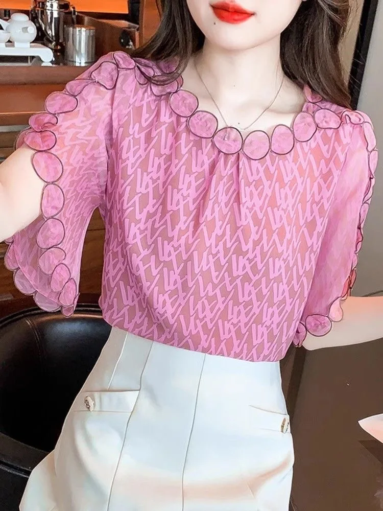 

Short Sleeve Blouse 2025 New Summer Woman Clothing Print Blusas Para Mujer Top Casual Slim Blouses For Women