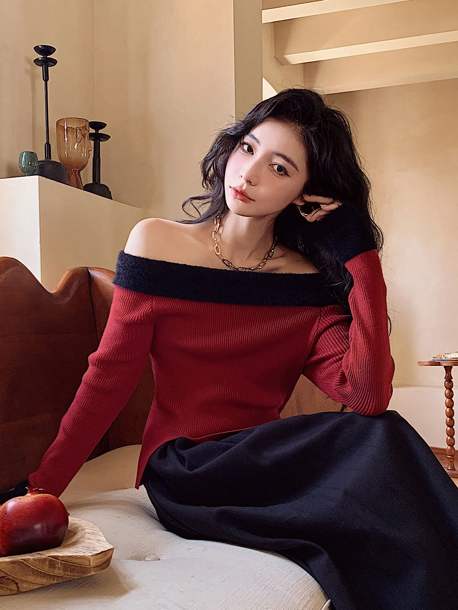 

Вязаный свитер Cisas Theme винного цвета с открытым плечом, женский, модный, новогодний, мягкий, эластичный, стандартный крой