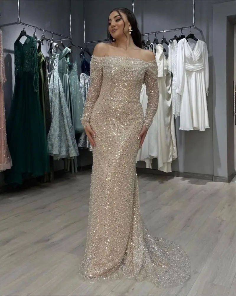 高級ビーズ長袖ウェディングドレスボートネックオフショルダーパールスパンコールマーメイドウエディングドレスブライダルドレスカスタマイズ