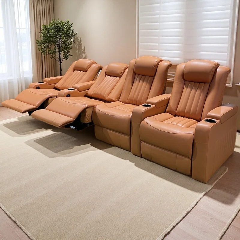 *Hot-selling Movie Theater Power Recliner Armchairs Cinema Sofa Orange Leather For Living Room Villa Basement Seating