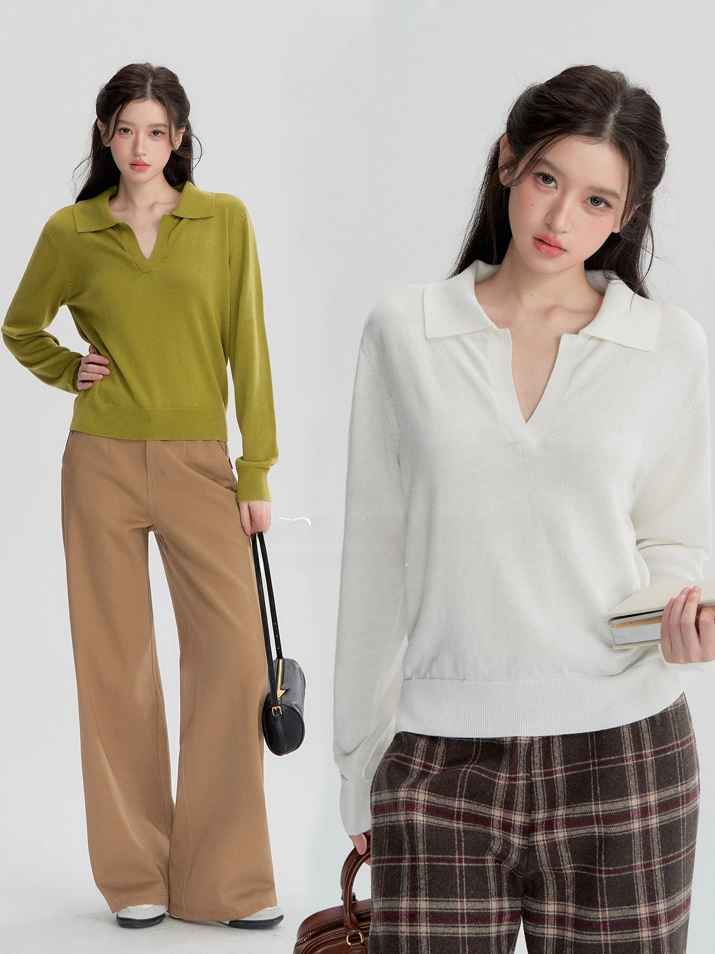 

Женский повседневный вязаный шерстяной свитер OIOI E с длинными рукавами, V-образным вырезом и открытым воротником, свободного кроя, осенний топ