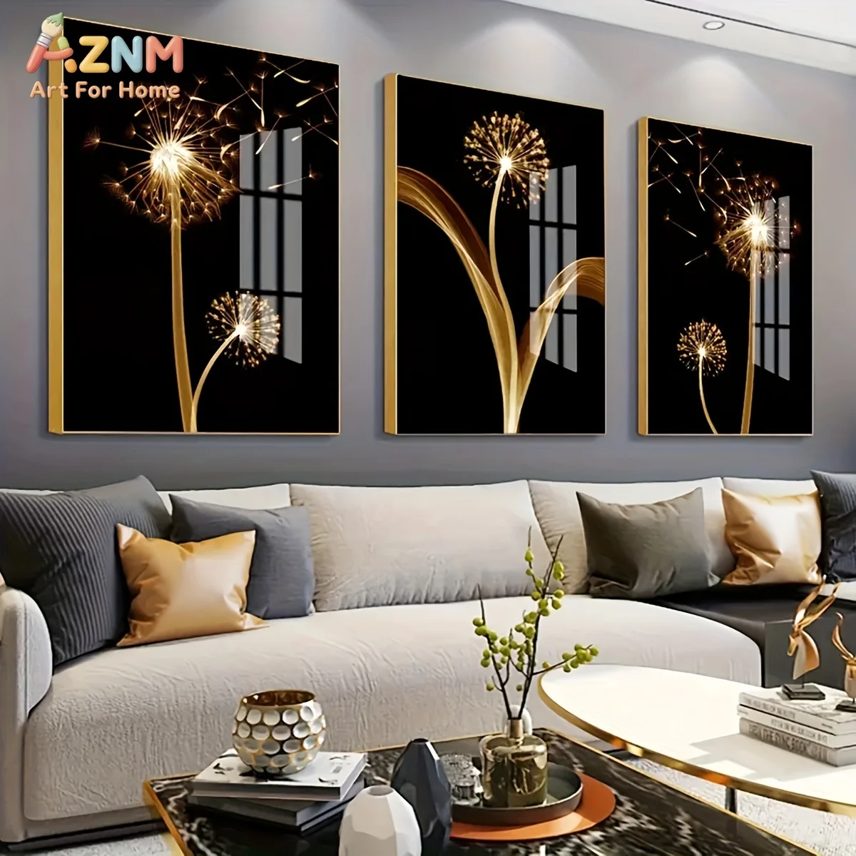 AZNM Luxury Modern Abstract Gold Dandelion Canvas Wall Art, Black Background Golden Dandelion Flower Print Poster, Unframed Sing