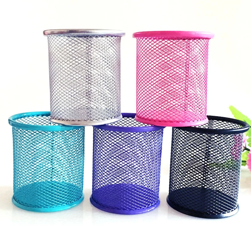 

Round Pen Holder Creative Metal Pen Holder Student Stationery Desktop Storage Colorful Pen Barrel Hollow Iron Art