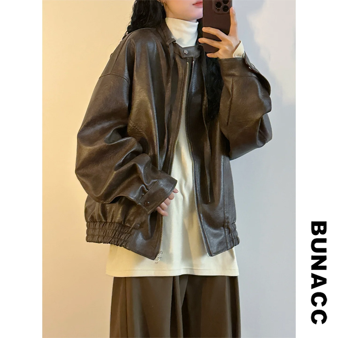 

Retro American Sle Loose Fit Leather Jaet Women's Stand Collar Biker Coat Spring Faion High-End Trendy Brand Jaet